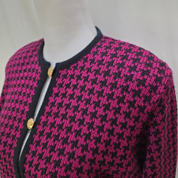 Vintage Mario Forte Fuchsia Black Houndstooth Button-down Cardigan Sweater, Med - Picture 2 of 9